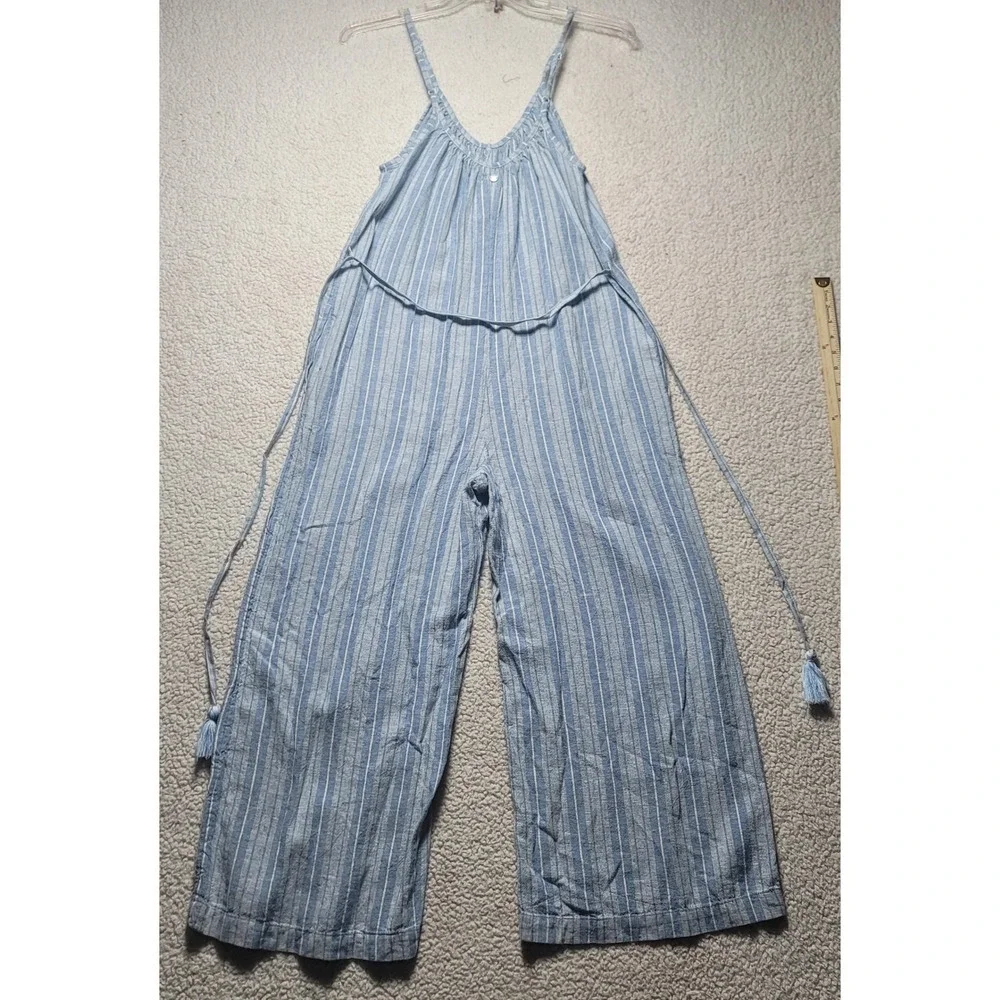 Roxy Riviera Striped Linen Blend Wide Leg Jumpsuit Blue White Large RO80515AQBP5 - Picture 6 of 15